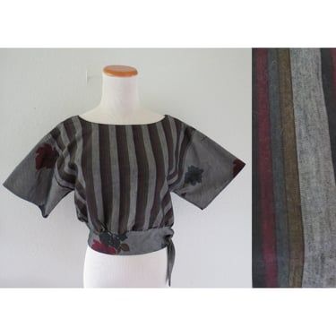 Vintage 80s Cropped Blouse Striped & Floral Side Tie Crop Top Dolman Size Small 