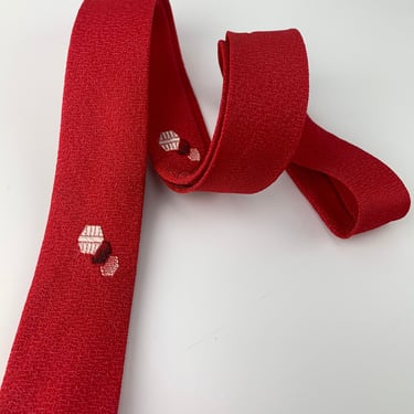 1960'S Super Narrow in Vivid Red - Embriodered Dots - Rayon & Acetate Blend - Completely Mod 
