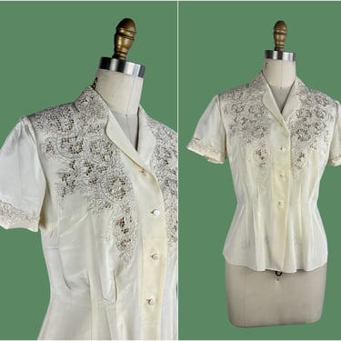 SILK ROAD Vintage 50s Chinese Silk Embroidered Blouse | 1950s, 60s 1960s Dead Stock Asian Top with Floral Open Embroidery Work | Size Small 