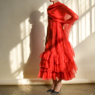 3044d / 1960s red chiffon ruffle hem dress 