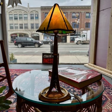Brass Art Nouveau Table Lamp w/slag glass shade