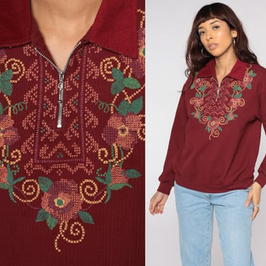 Red Floral Sweatshirt 90s Quarter Zipper Shirt Vintage Sweater Graphic Sweatshirt 80s Slouchy 1990s Collared Medium 