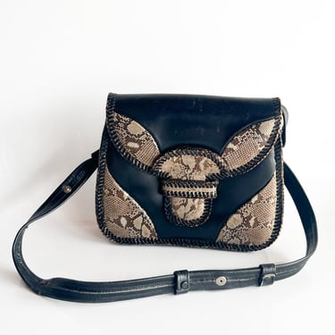 1940s Leather Snakeskin Black Shoulder Bag