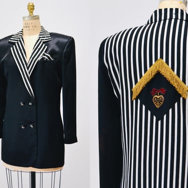 90s Vintage Black White Striped Party Jacket Blazer Medium by Criscione //  90s Black Satin Military Heart Rhinestone Party Jacket Blazer 