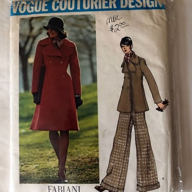 Vintage Sewing Pattern, VOGUE Couturier Fabiani #2925, Coat ,MOD, Pants, Suit, Set, Bust 34, small size, 1960's, 1970's 