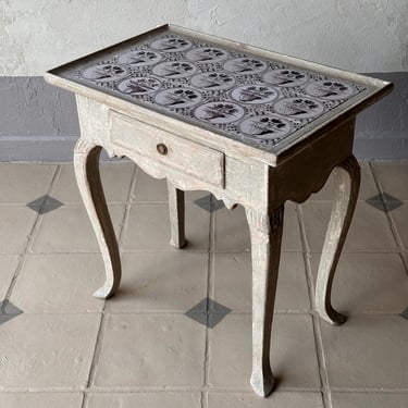 Late 18th C. Danish Painted Wood Table with Faïence Floral Tiles