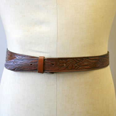 1980s Brown Tooled Leather Belt 