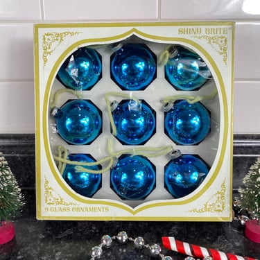 Vintage Shiny Brite Box Set of 9 Shiny Blue Glass Christmas Tree Ornaments 2 1/4