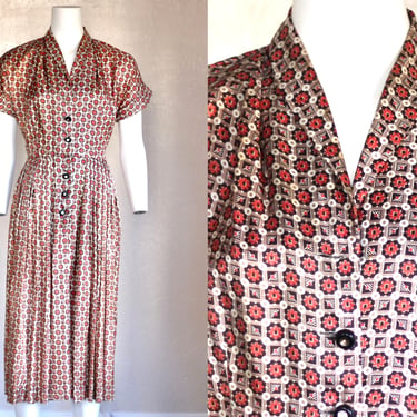 1950s Geometric Patterned Shirtwaist  Dolman Sleeve Dress - Vintage 50s Shawl Collar Midi Dress - Medium 