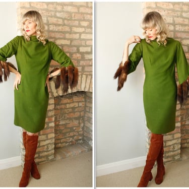 1960s Sandi Monica Wool & Mink Green Dress 