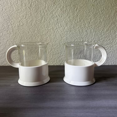 Vintage Bodum Arch I glassware, set of 2, White Glass cups, Glass Bodum, Clear Glass and White Plastic, Vintage 1970's 