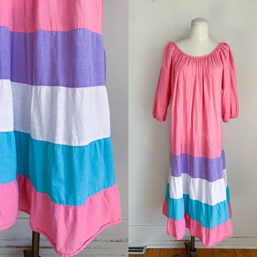Vintage 1980s Color Block Cotton Gauze Dress / one size fits most 