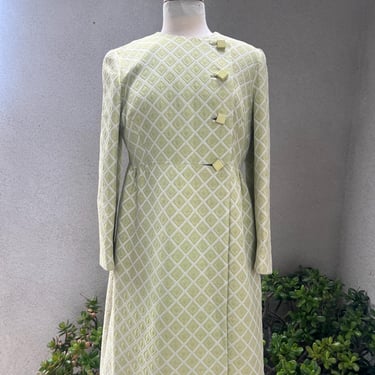 Vintage 70s coat dress or coat soft greens abstract pattern textured fabric lined Sz M by Mancini 