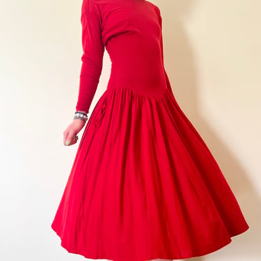80’s Betsey Johnson Punk Label Bright Red Spandex Cotton Lycra Midi Dress