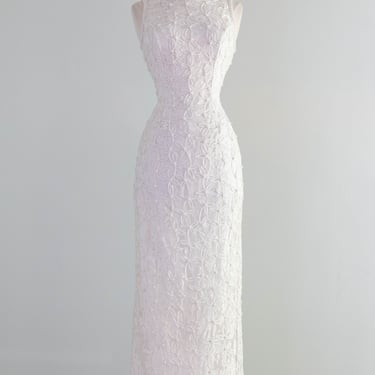 Stunning 1990's Pearl Embellished Ivory Sheath Gown / Small