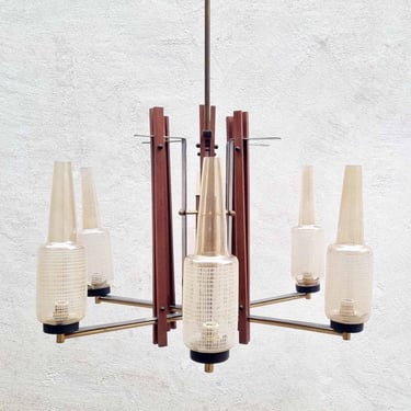 Mid Century Modern Ceiling Lamp / Six Arms Chandelier / Scandinavian Design / Teak Wood & Glass / Vintage Light / Chandeliers / Italy / '60s 