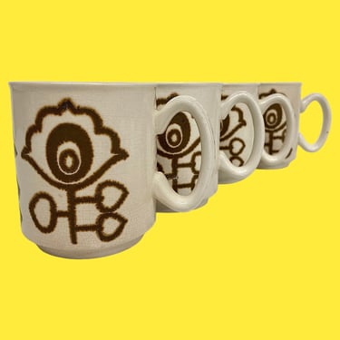 Vintage Winchcombe Pottery Mugs Retro 1960s Mid Century Modern + WP + Cream Ceramic + Brown Flowers + Set of 4 + Kitchen + Made in England 