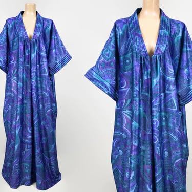 VINTAGE 80s Purple Teal Celestial Maxi Dress Kaftan 2X | 1980s Plus Size Sorceress Caftan Hostess Lounging Dress | Abstract Sun Print | VFG 