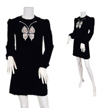 1970's Black Rayon Velvet Glitter Butterfly Mini Baby Dolly Dress I Sz Sm I Glam I 