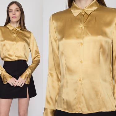 Sm-Med 90s Gold Silk Satin Bell Cuff Blouse | Vintage Button Up Long Sleeve Collared Shirt 