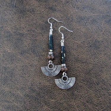 Long green bone earrings, bold statement earrings, tribal earrings, horn earrings, Art Deco earrings, etched silver, ethnic earrings 