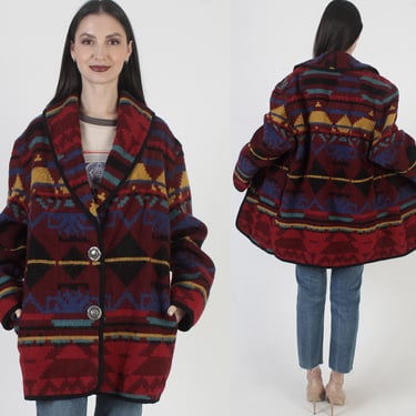 Oversized Southwestern Print Coat, Large Shawl Collar, Button Up Closure, Native American Jacket 