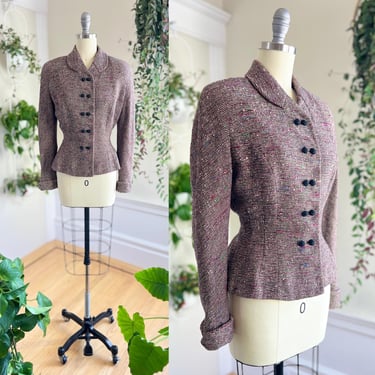 Vintage 1940s 1950s Blazer | 40s 50s Colorful Woven Wool Tailored Nipped Waist Suit Jacket (small) 