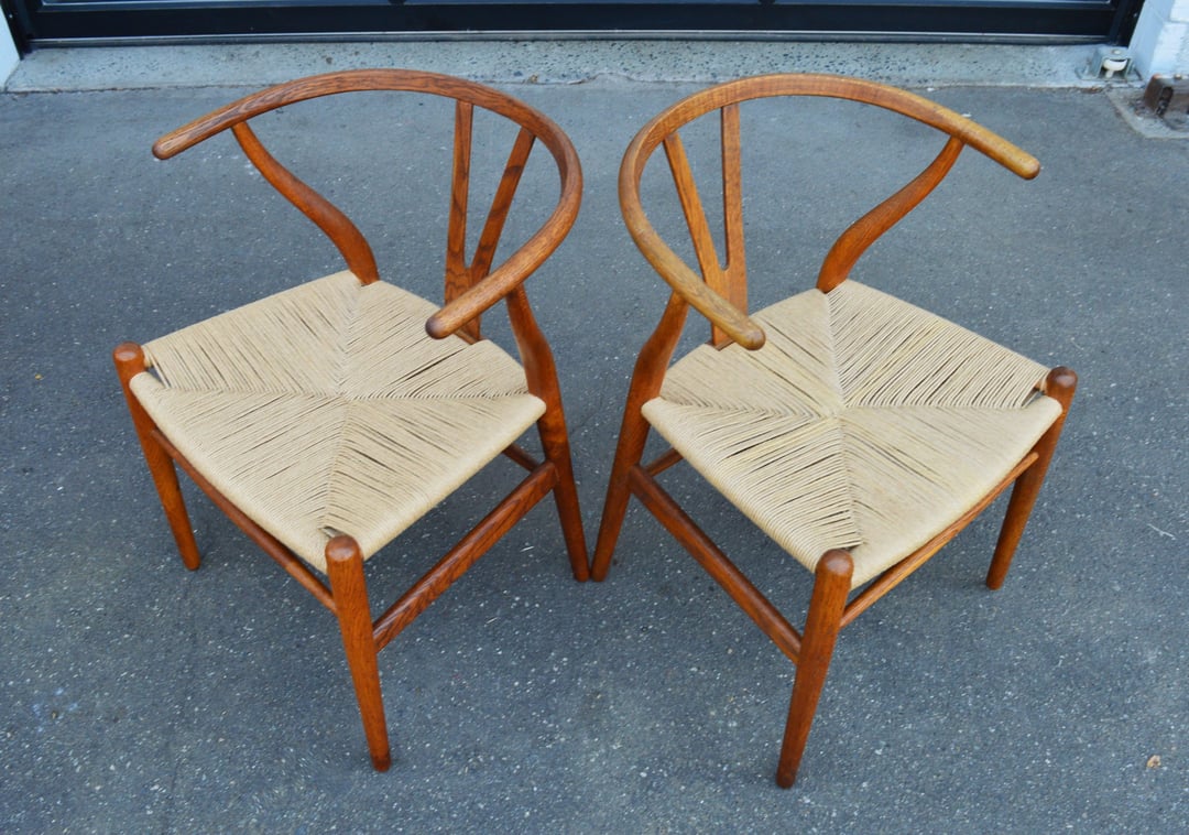 Two Hans Wegner Oak CH24 Wishbone Chairs w/ Newly Woven Seats