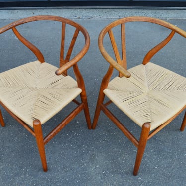 Two Hans Wegner Oak CH24 Wishbone Chairs w/ Newly Woven Seats
