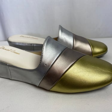 Vintage metallic wedge platform cushy slipper shoes Daniel Green Space age inspired silver gold & bronze 1970’s size 7.5 M 