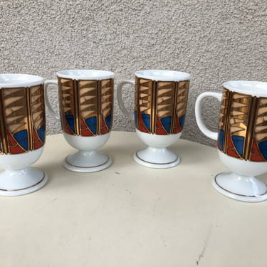 Vintage mid century modern Holt-Howard mugs set 4 footed pedestal porcelain metallic gold rust brown 