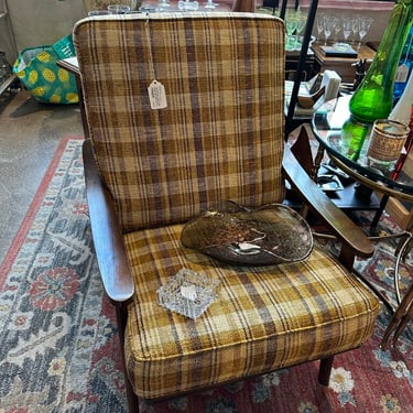 True mid-century modern walnut chair with original cushions from Marshall Fields tagged on the cushions approx 35t X 35d X 26w