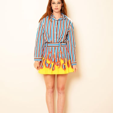 PRADA Stripe + Flame Print Cotton Poplin Button Down + Skater Skirt Set sz IT 40 XS S Stripe Runway Made in Italy Italian 