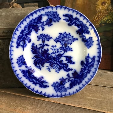French Faïence Dinner Plate, Flow Blue, Indigo, Collectible, Damages 