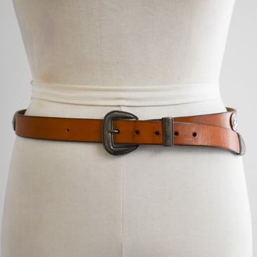 1990s Brown Leather Belt with Silver Metal Circle Studs 
