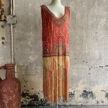 Antique 1920s Orange Silk Beaded Dress Fringe Rhinestones Art Deco Vintage