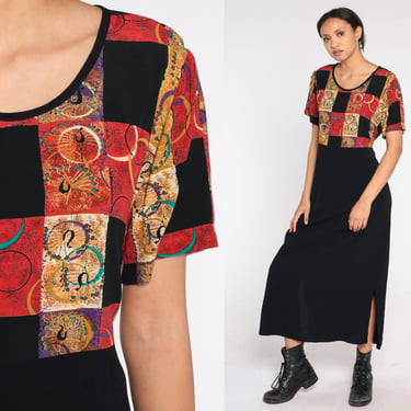 Grunge Maxi Dress 90s Black Abstract Patchwork Print Dress Ankle Length High Waist Short Sleeve Day Dress Boho Summer Vintage 1990s Medium M 