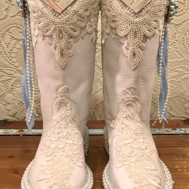 Custom White Cowgirl Bling Boots with Lace and Pearls size 6 