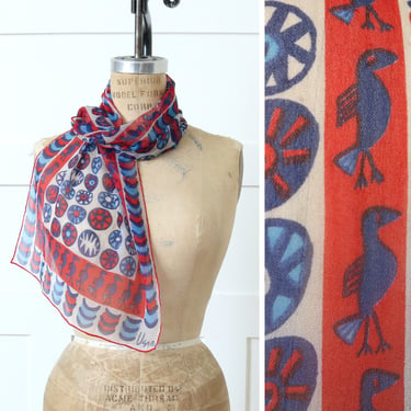 vintage VERA abstract modernist bird and suns print scarf • 1970s sheer chiffon long scarf in red & blue 