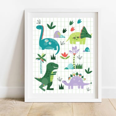 Cute and Colorful Kids Room Dinosaur Print/ 8 X 10 Prehistoric Jungle Illustration/ Gender Neutral Science Decor/ Animal Nursery Art 