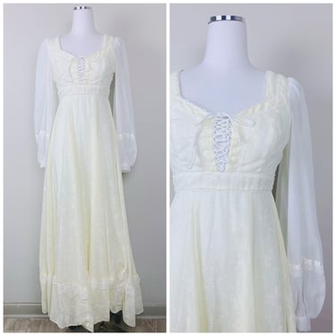 1970s Vintage Gunne Sax Cotton Voil Prairie Dress / 70s / Seventies Lace Up Pastel Yellow Floral Maxi Gown / Size Small 