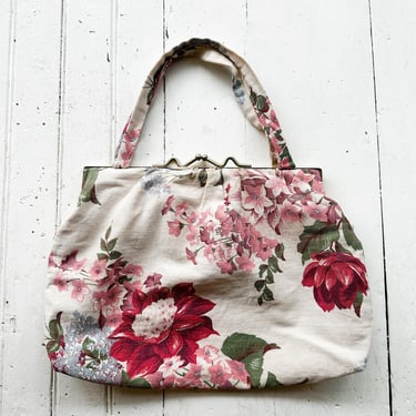 1940s Floral Bark Cloth Frame Bag 