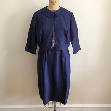 Navy Geometric Print Colorblock Dress with Matching Jacket - 1950s 
