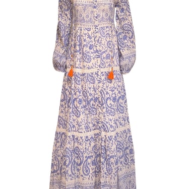 Bell - Blue & White Paisley Print Lace Trimmed Maxi Dress Sz XS