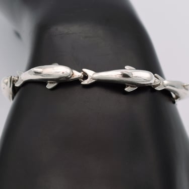 70's Mexico 925 silver leaping dolphins bracelet, heavy Eagle? sterling sea mammals charms chain 