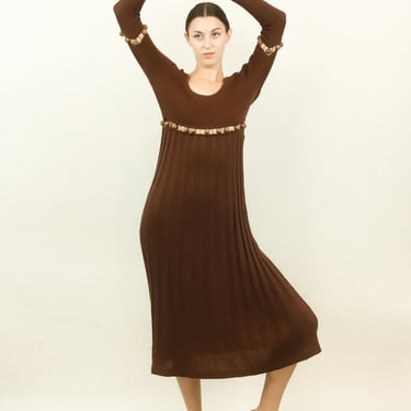 Laura Biagiotti Brown Knit Cut Out Beaded Dress 