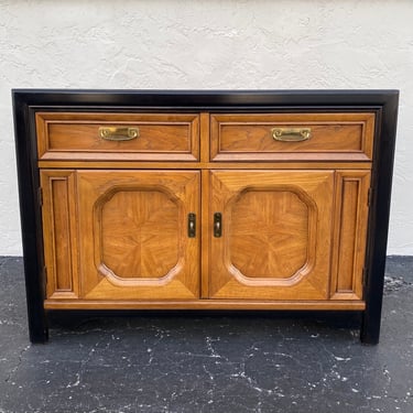 Vintage Chinoiserie Buffet Server by Thomasville with Two Tone Black & Wood - Asian Style Accent Cabinet or Entry Table 