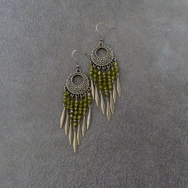 Crystal chandelier earrings, green and bronze earrings 