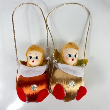 Vintage Christmas Angel's Swinging Paper Mache Face Satin Ball Chenille Ornaments, 1940's-1950's Made in Japan, Set of 2, Kitschy Christmas 