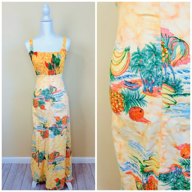 1970s Vintage McInerny Hawaii Tangerine Smocked Maxi Dress / 70s Pastel Orange Sunset Cotton Rayon Gown / Size XS 